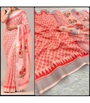 Pink Soft Linen Digital Printed Saree With Silver Zari Border