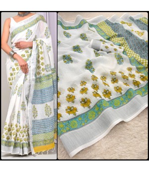 White Based Multi Color Soft Linen Digital Printed Saree With Silver Zari Border