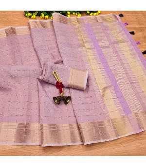 Lavender Linen Silk All Over Check Weaved With Zari Weaved Rich Pallu & Border Saree