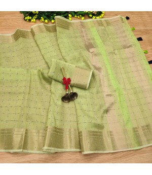 Lime Green Linen Silk All Over Check Weaved With Zari Weaved Rich Pallu & Border Saree