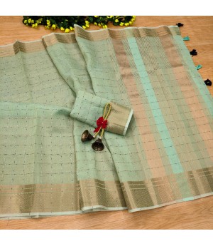 Aqua Green Linen Silk All Over Check Weaved With Zari Weaved Rich Pallu & Border Saree