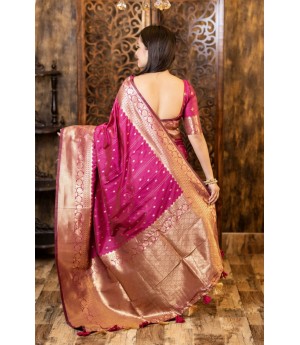 Magenta Soft Banarasi Silk All Over Zari Booti With Rich Zari Pallu & Border Weaved Saree