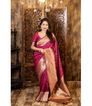 Magenta Soft Banarasi Silk All Over Zari Booti With Rich Zari Pallu & Border Weaved Saree
