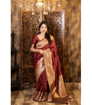 Maroon Soft Banarasi Silk All Over Zari Booti With Rich Zari Pallu & Border Weaved Saree