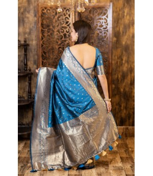Teal Soft Banarasi Silk All Over Zari Booti With Rich Zari Pallu & Border Weaved Saree