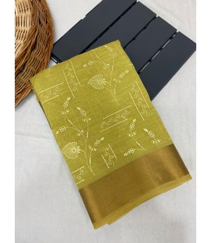 Mehendi Tissue Silk Embroidered All Over With Rich Pallu & Zari Border Saree