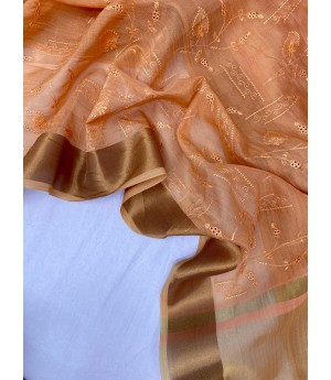 Light Orange Tissue Silk Embroidered All Over With Rich Pallu & Zari Border Saree