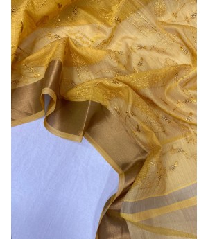 Light Mustard Tissue Silk Embroidered All Over With Rich Pallu & Zari Border Saree