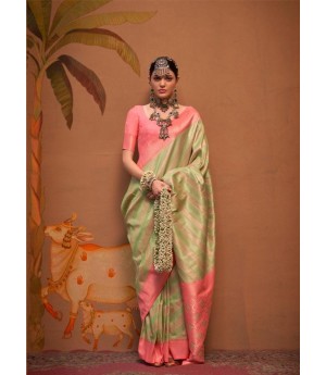 Olive Green Handloom Banarasi Silk Zari Weaved Rich Pallu Saree