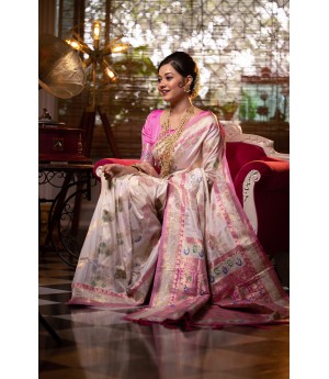 Ivory Cream Handloom Banarasi Silk All Over Colorful Meena & Zari Weaved With Rich Pallu Border Saree 