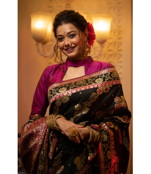 Black Handloom Banarasi Silk All Over Colorful Meena & Zari Weaved With Rich Pallu Border Saree 