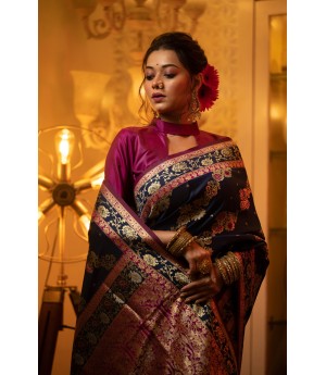 Navy Blue Handloom Banarasi Silk All Over Colorful Meena & Zari Weaved With Rich Pallu Border Saree 