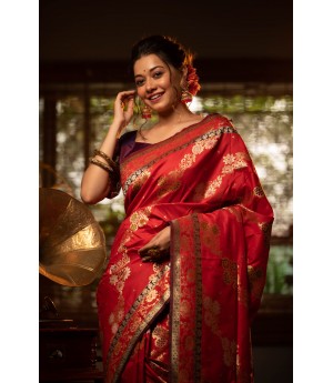 Red Handloom Banarasi Silk All Over Colorful Meena & Zari Weaved With Rich Pallu Border Saree 