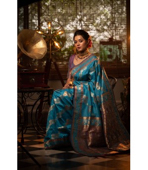 Teal Handloom Banarasi Silk All Over Colorful Meena & Zari Weaved With Rich Pallu Border Saree 