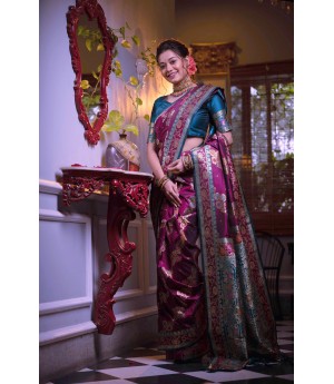 Purple Handloom Banarasi Silk All Over Colorful Meena & Zari Weaved With Rich Pallu Border Saree 