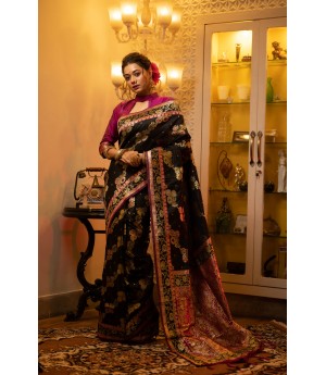 Black Handloom Banarasi Silk All Over Colorful Meena & Zari Weaved With Rich Pallu Border Saree 