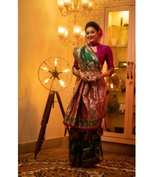 Green Handloom Banarasi Silk All Over Colorful Meena & Zari Weaved With Rich Pallu Border Saree 