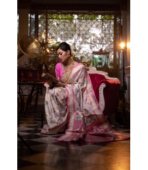 Ivory Cream Handloom Banarasi Silk All Over Colorful Meena & Zari Weaved With Rich Pallu Border Saree 