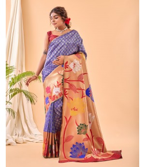 Blue Handloom Banarasi Paithani Silk All Over Zari Weaved With Rich Pallu Wide Paithani Border Saree 