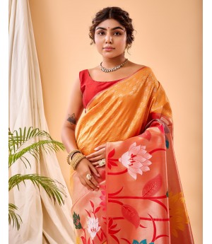 Orange Handloom Banarasi Paithani Silk All Over Zari Weaved With Rich Pallu Wide Paithani Border Saree 