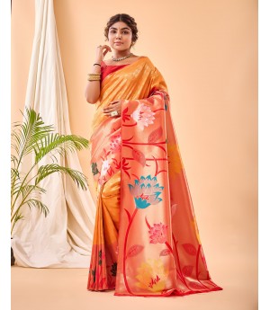 Orange Handloom Banarasi Paithani Silk All Over Zari Weaved With Rich Pallu Wide Paithani Border Saree 