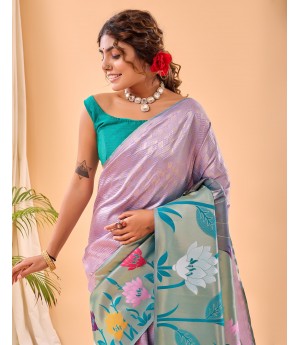 Lavender Handloom Banarasi Paithani Silk All Over Zari Weaved With Rich Pallu Wide Paithani Border Saree 