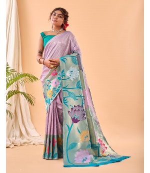 Lavender Handloom Banarasi Paithani Silk All Over Zari Weaved With Rich Pallu Wide Paithani Border Saree 