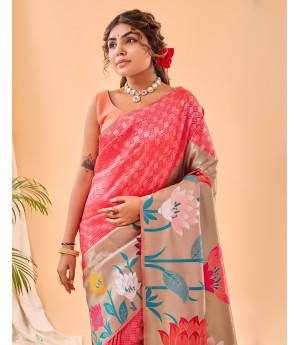 Pink Handloom Banarasi Paithani Silk All Over Zari Weaved With Rich Pallu Wide Paithani Border Saree 