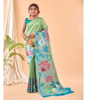 Olive Green Handloom Banarasi Paithani Silk All Over Zari Weaved With Rich Pallu Wide Paithani Border Saree 