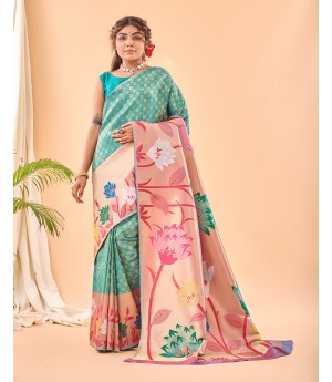 Sea Green Handloom Banarasi Paithani Silk All Over Zari Weaved With Rich Pallu Wide Paithani Border Saree 