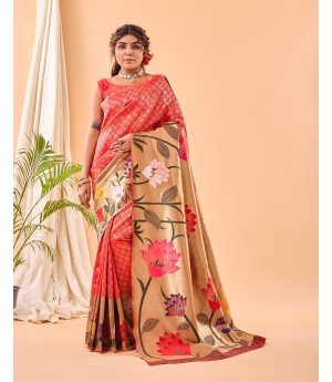 Red Handloom Banarasi Paithani Silk All Over Zari Weaved With Rich Pallu Wide Paithani Border Saree 