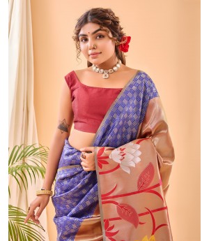Blue Handloom Banarasi Paithani Silk All Over Zari Weaved With Rich Pallu Wide Paithani Border Saree 