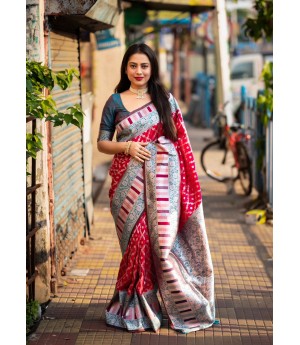 Red Handloom Banarasi Silk All Over Silver Zari Weaved With Rich Pallu Border Saree 