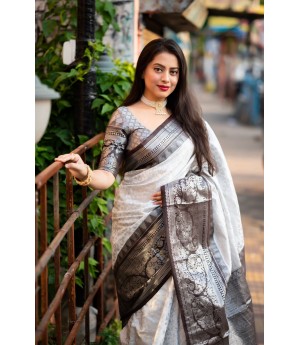 Off White Handloom Banarasi Silk All Over Silver Zari Weaved With Rich Pallu Border Saree 