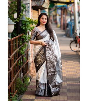 Off White Handloom Banarasi Silk All Over Silver Zari Weaved With Rich Pallu Border Saree 