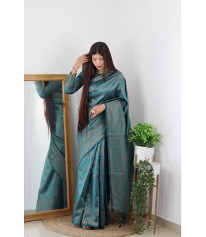 Teal Banarasi Silk All Over Copper Zari Weaved Rich Pallu Saree