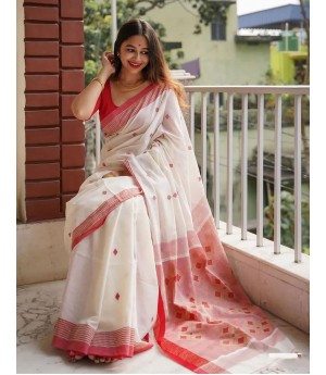 White Soft Linen Weaved Saree With Ring Border Saree