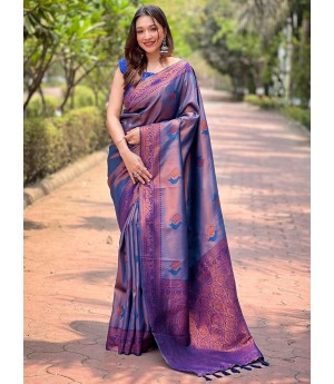 Blue Semi Kanjivaram Tissue All Over Copper Zari Weaving Rich Pallu Border Saree
