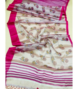 Beige Tissue Silk Digital Printed With Weaved Striped Pallu & Raani Satin Border Saree
