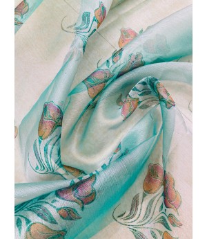 Beige Tissue Silk Digital Printed With Weaved Striped Pallu & Green Satin Border Saree
