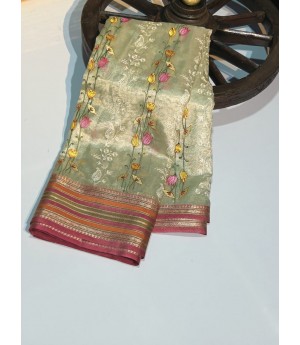 Banarasi Soft Tissue Silk All Over Multi Color Embroidery & Multi Color Zari Weaved Border Saree