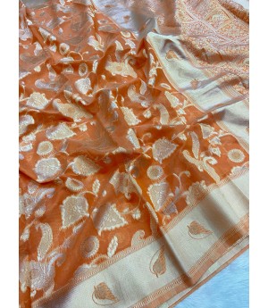 Rust Pure Linen Cotton All Over Zari Weaved Jaal Body Pallu Border Saree