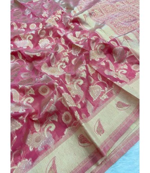 Magenta Pure Linen Cotton All Over Zari Weaved Jaal Body Pallu Border Saree