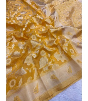 Gold Pure Linen Cotton All Over Zari Weaved Jaal Body Pallu Border Saree