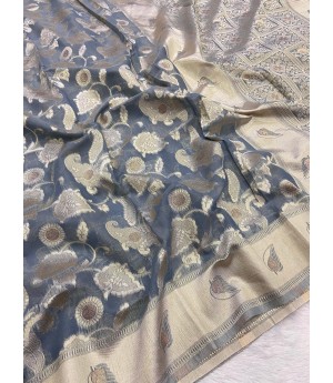 Gray Pure Linen Cotton All Over Zari Weaved Jaal Body Pallu Border Saree
