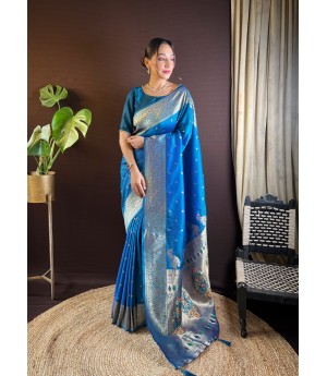 Blue Banarasi Silk Paithani Zari Weaved Peacock Rich Pallu Border Saree