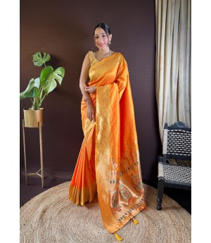 Gold Banarasi Silk Paithani Zari Weaved Peacock Rich Pallu Border Saree
