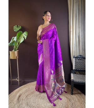 Purple Banarasi Silk Paithani Zari Weaved Peacock Rich Pallu Border Saree