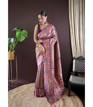 Dull Pink Banarasi Silk Paithani Zari Meena Weaved Peacock Rich Pallu Border Saree