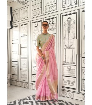 Pink Handloom Moss Chhifon Jacquard Rich Zari Weaved Pallu Border Saree